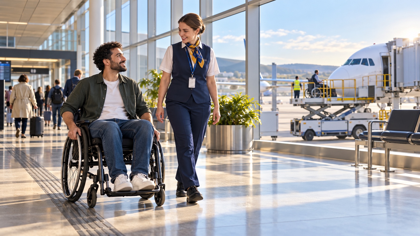 Wheelchair user travelling through a bright airport terminal with an assistance professional