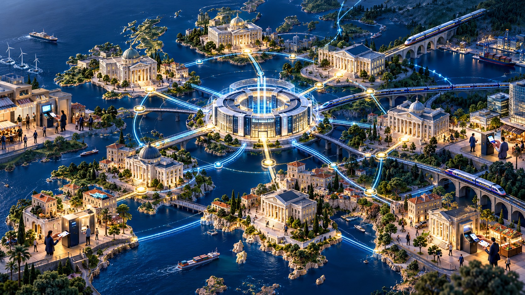 Conceptual European network linking central banks, cities, businesses and transport