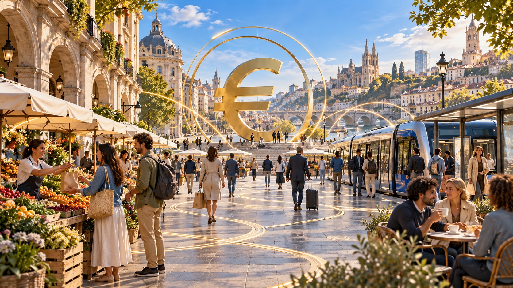 European public square and market connected around a large golden euro symbol