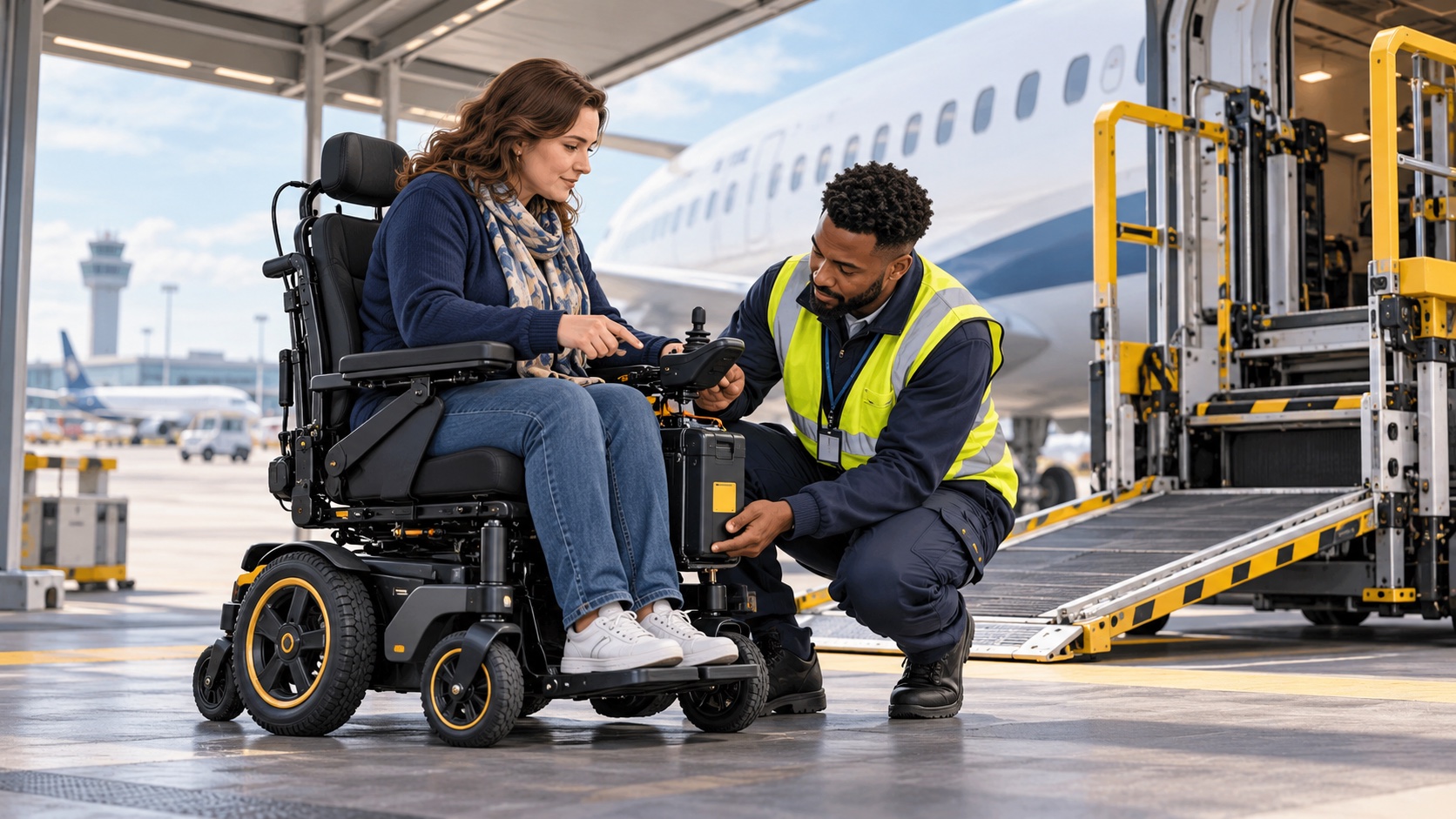 Wheelchair user and ground handler checking a powered wheelchair beside an aircraft lift