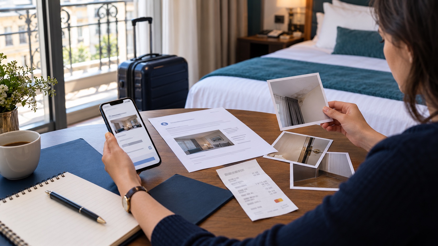 Traveller assembling booking confirmation, payment proof and photographs of a hotel room problem