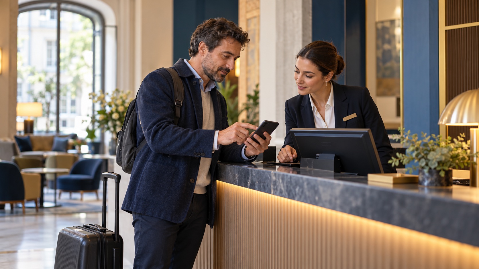 Traveller and hotel receptionist comparing a room reservation on a phone at the reception desk