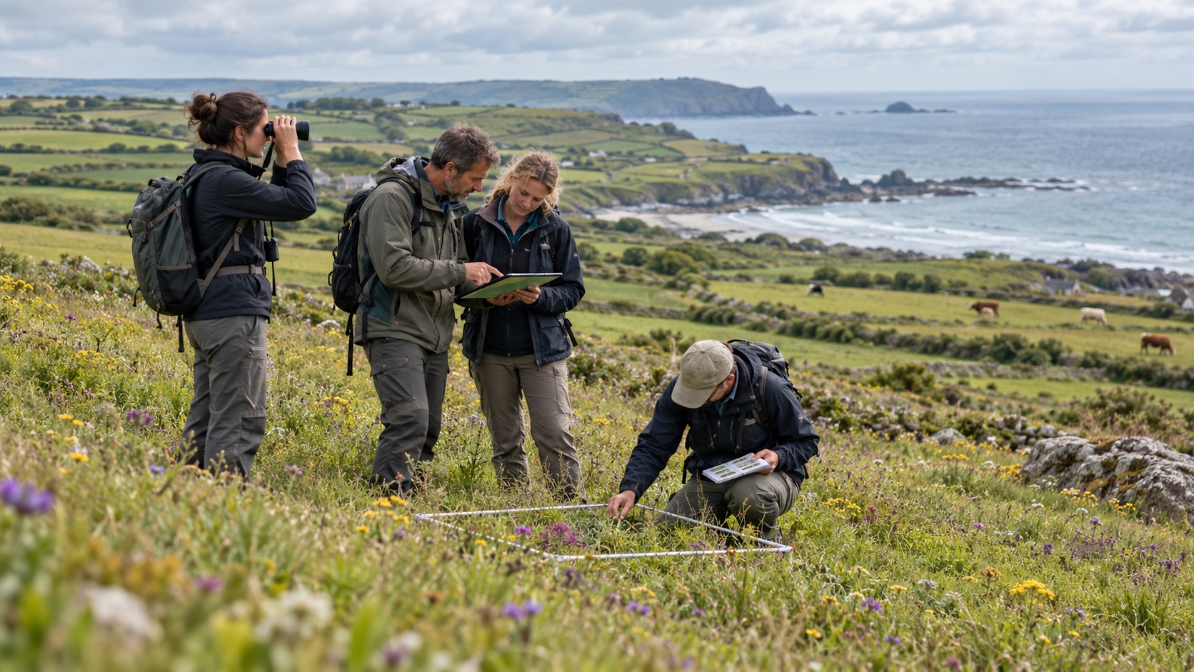 European ecologists and a land manager surveying species and grassland habitat on a working coast