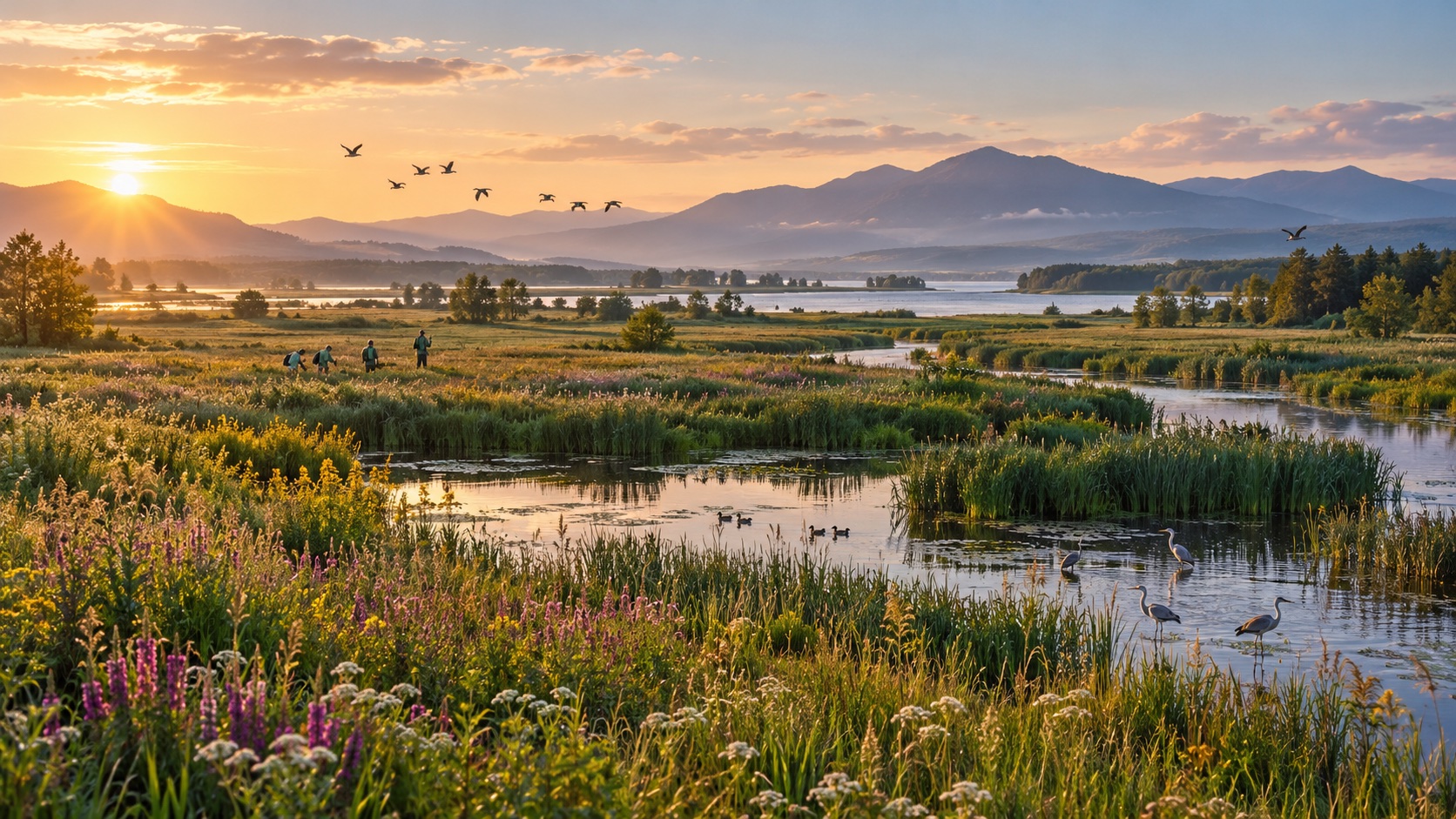 European wetland, meadow and woodland habitats connected across a broad landscape with migratory birds