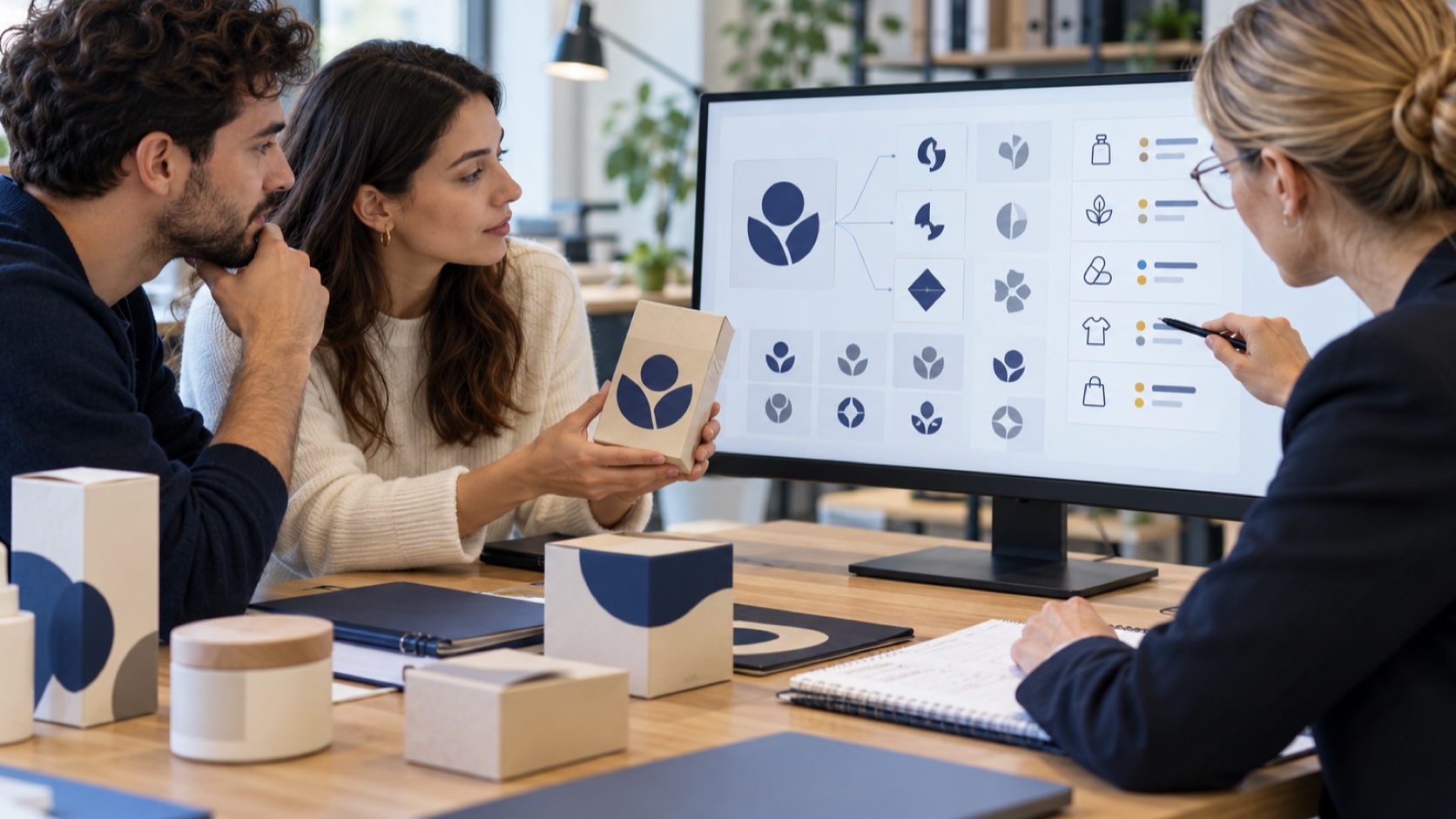 Founders and an adviser comparing an original product symbol with abstract similarity-search results