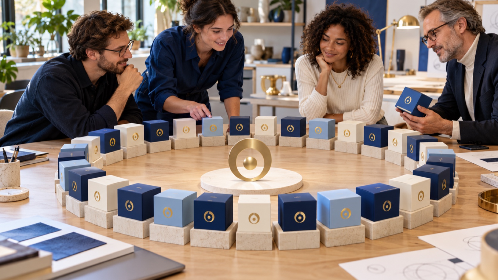 European product team reviewing one geometric brand symbol across a circle of packaging prototypes
