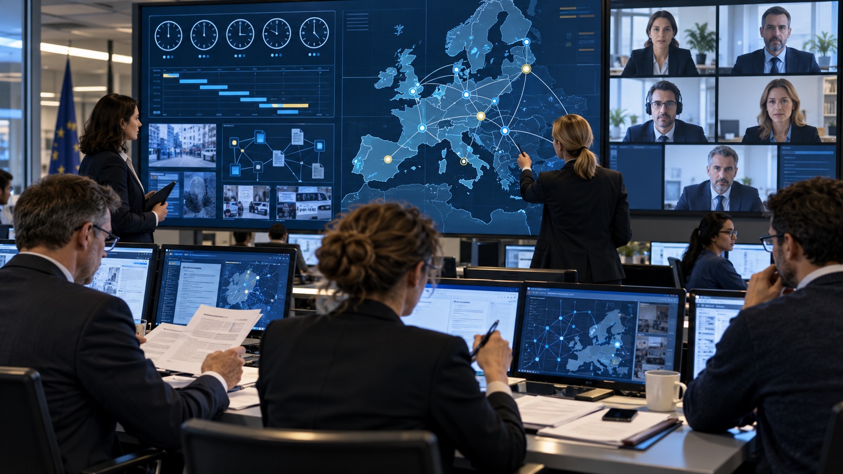 Judicial coordinators synchronising lawful actions across several European countries from a secure operations room