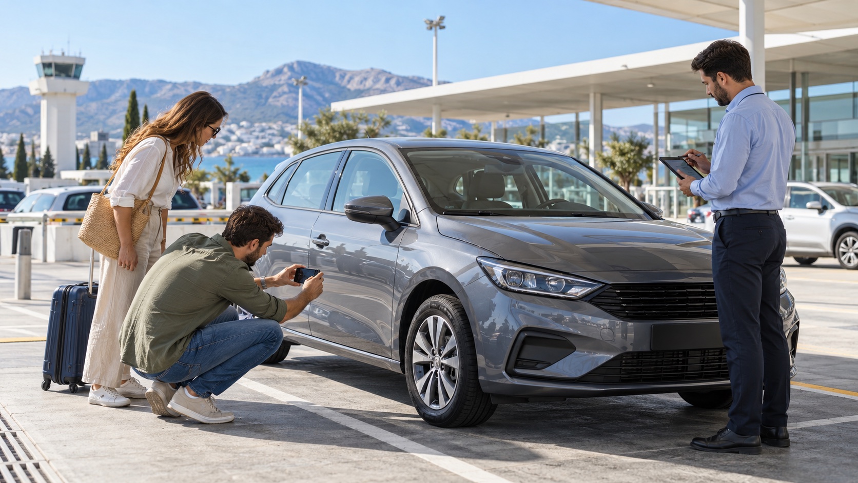 Travellers and a rental employee inspecting an unbranded car and recording its condition before departure