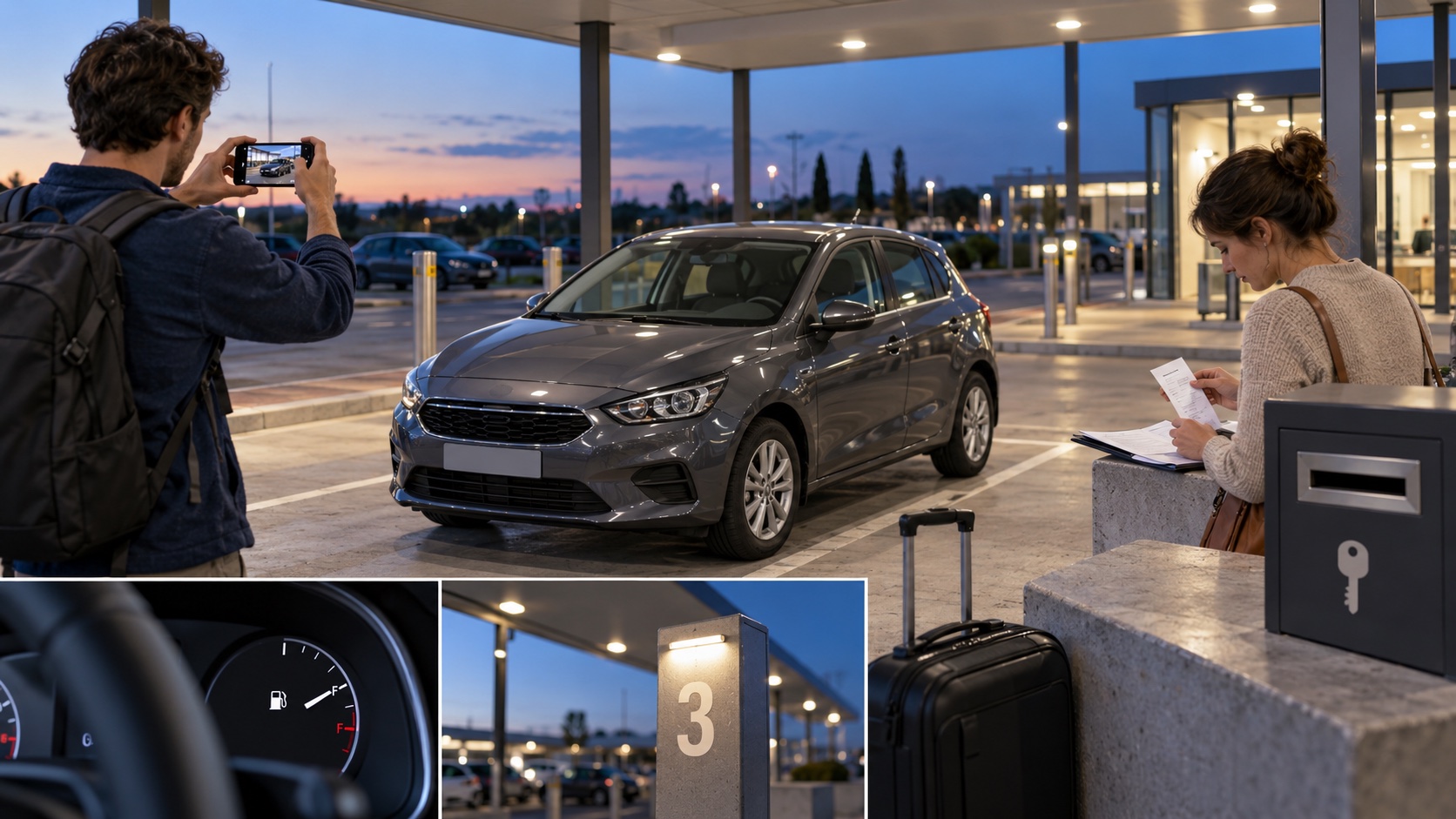 Travellers photographing a returned rental car and preserving fuel and handover evidence at an after-hours return bay