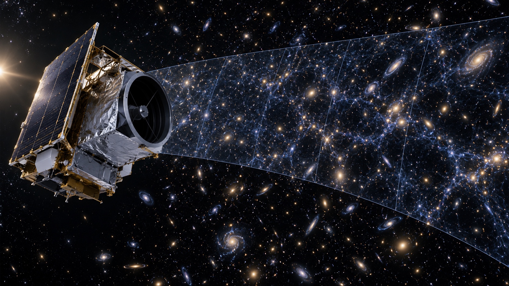 Editorial illustration of a Euclid-like European space telescope surveying a wide field of distant galaxies and cosmic structure