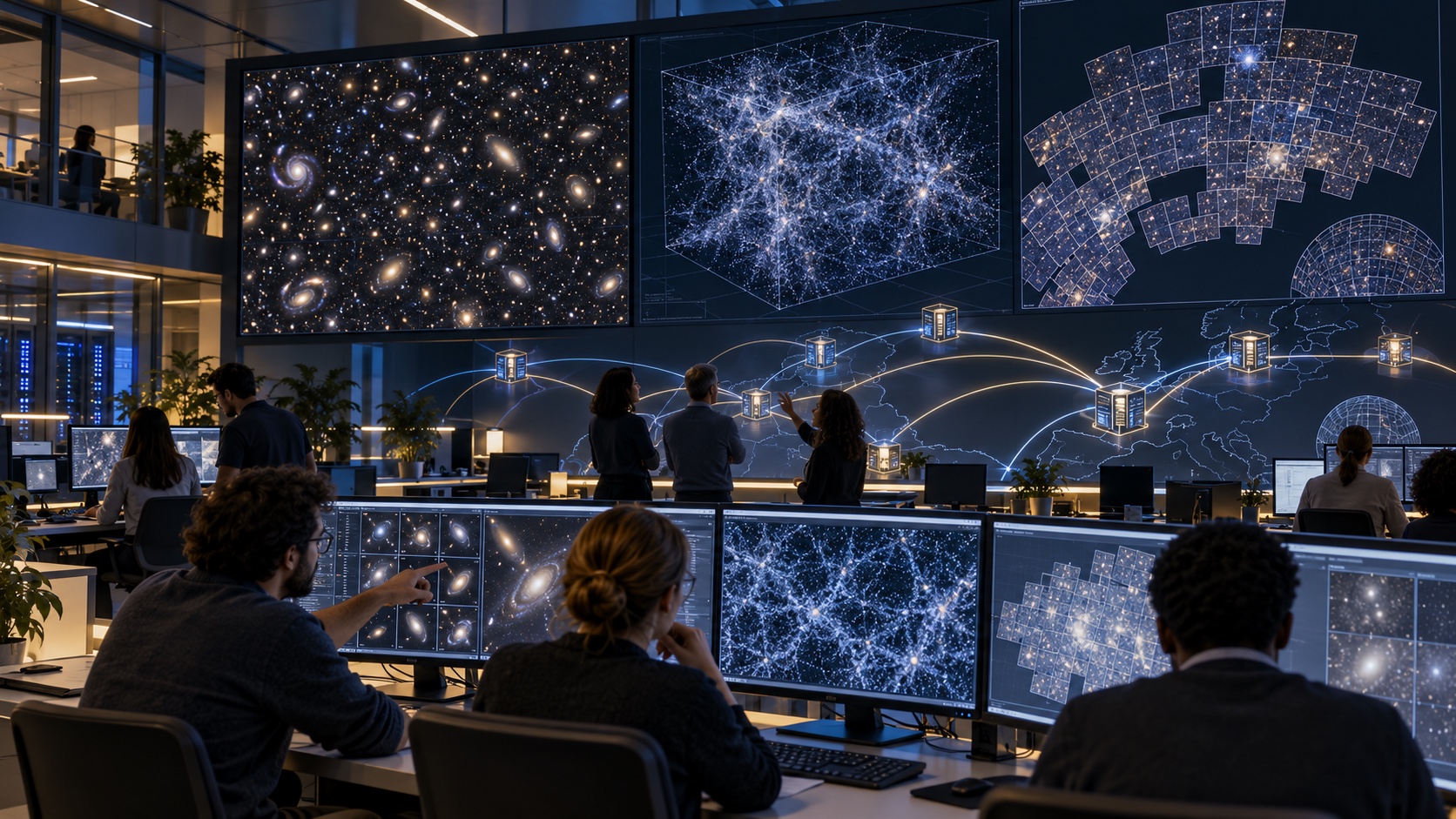 Editorial illustration of European astronomy teams processing galaxy images across a distributed network of science data centres