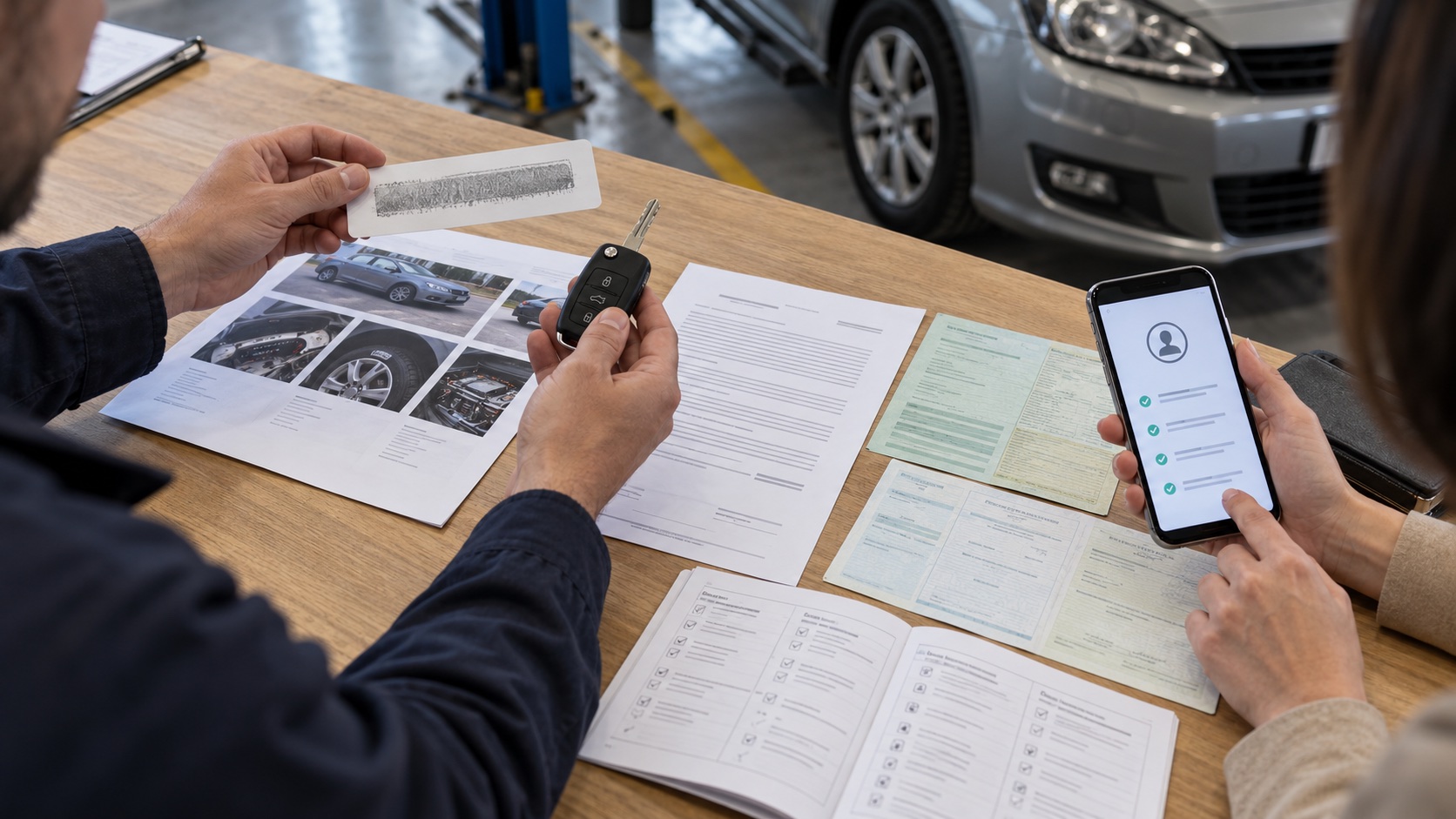 Car key, vehicle identity record, contract, registration papers and inspection evidence arranged for a cross-border purchase check