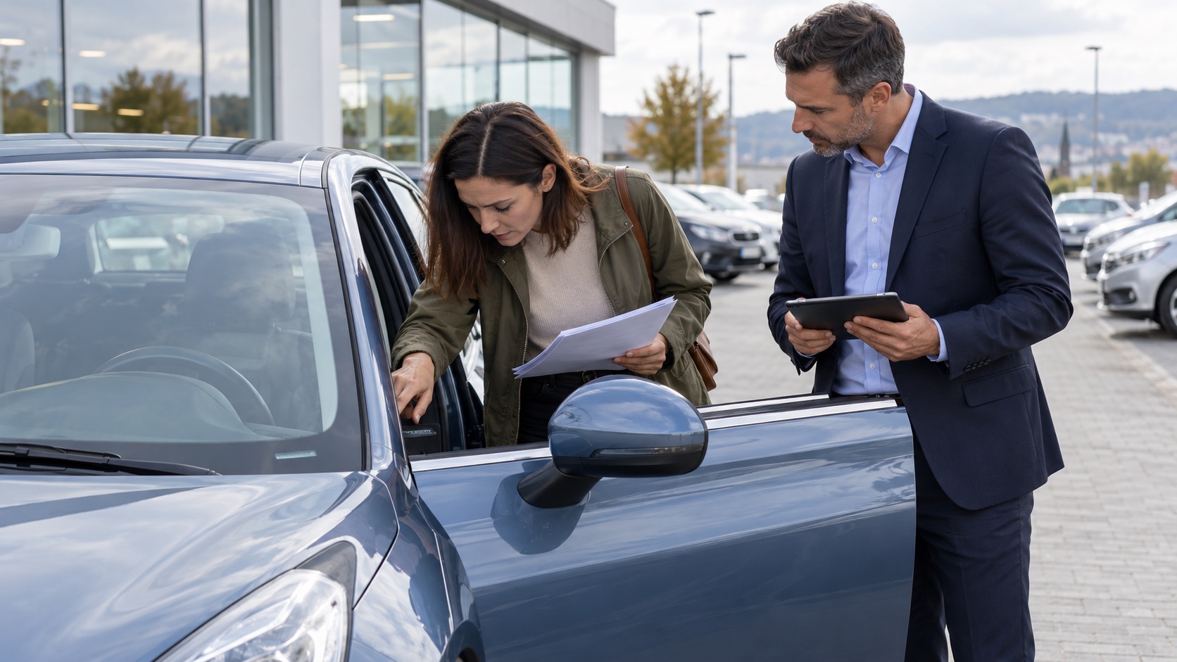 Buyer and professional seller inspecting a car and its documents together at a European dealership