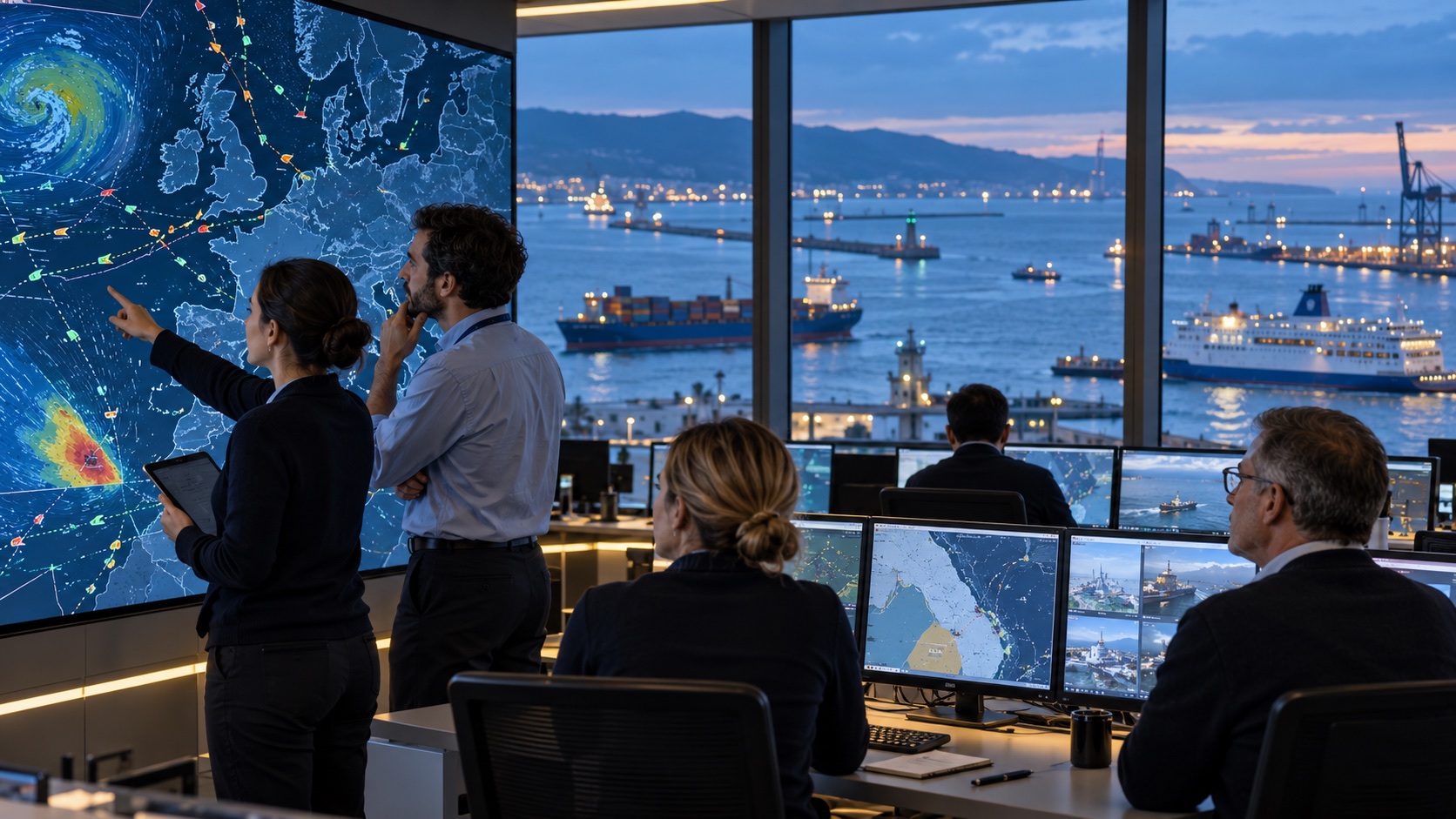 Maritime safety specialists studying ship traffic and satellite information in an operations centre overlooking a European port