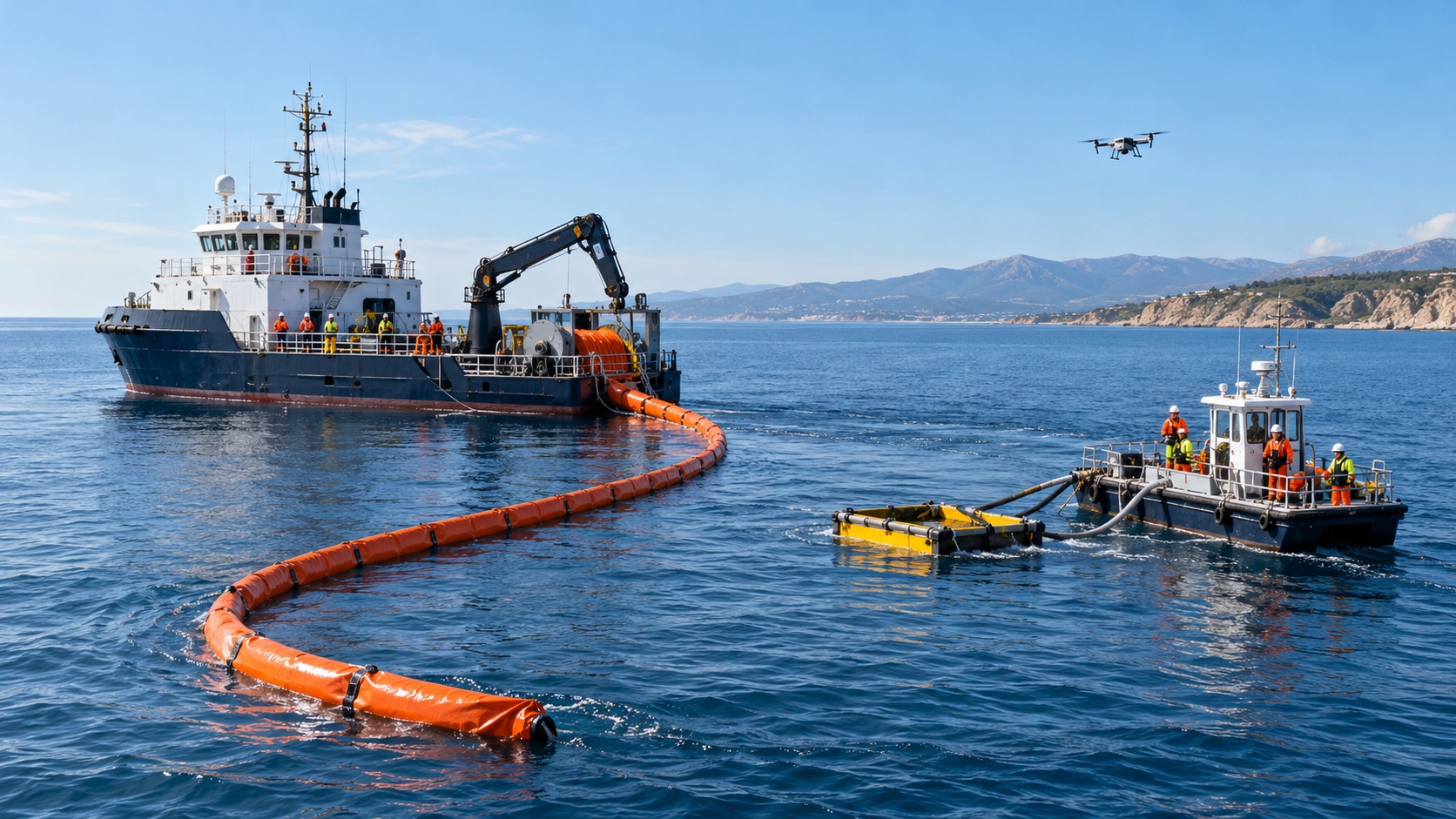 Support vessel and workboat deploying a containment boom and skimmer during a calm maritime pollution-response exercise