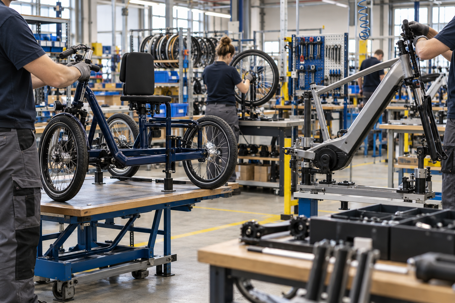 Editorial illustration of bicycle and adapted-cycle assembly in a European factory