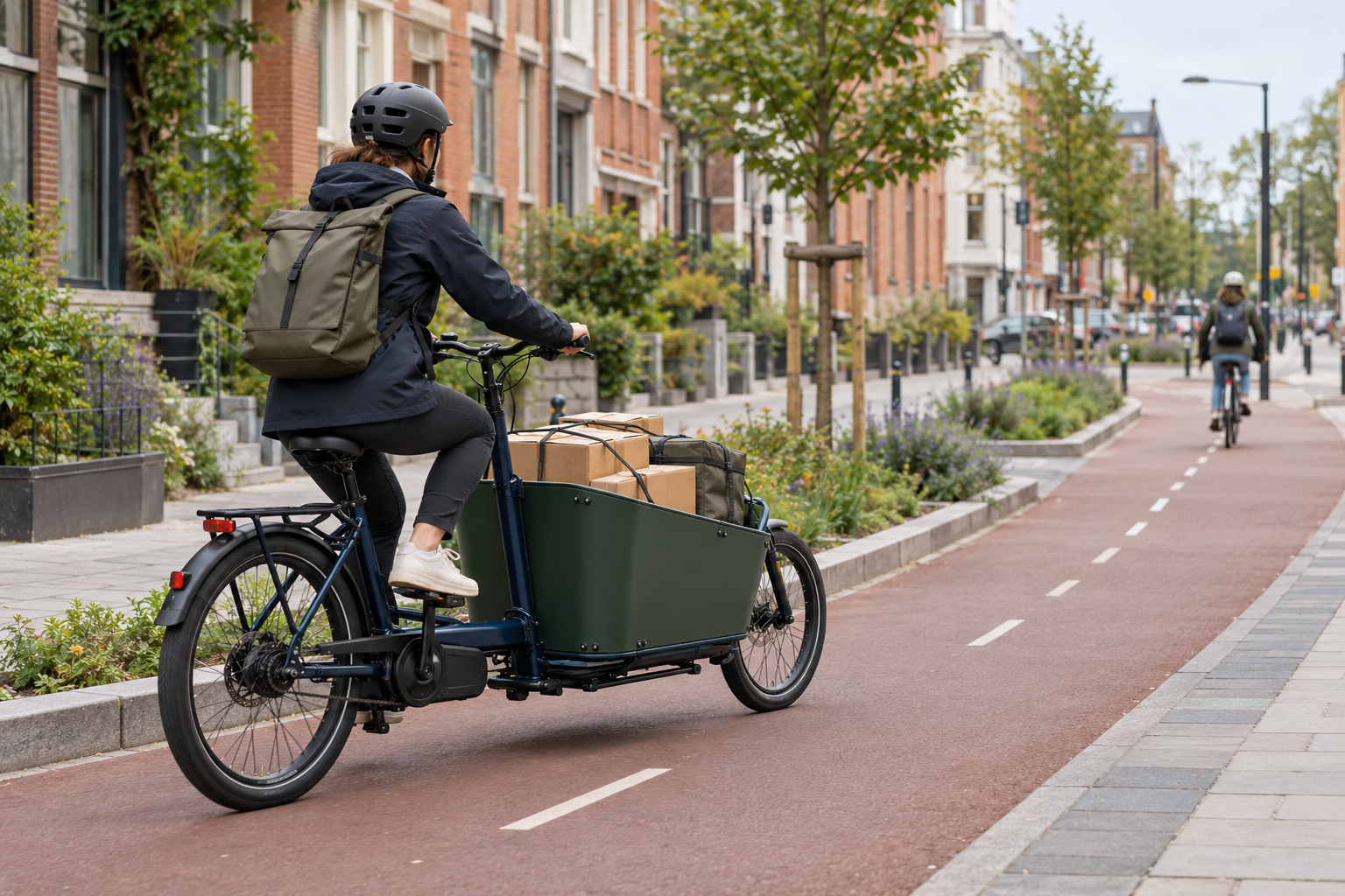 Editorial illustration of an unbranded electric cargo bicycle in a protected cycle lane