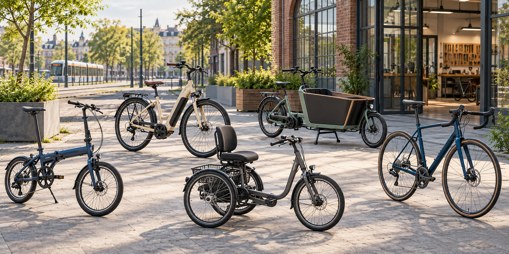 Editorial illustration of unbranded European folding, city, cargo, road and adapted bicycles