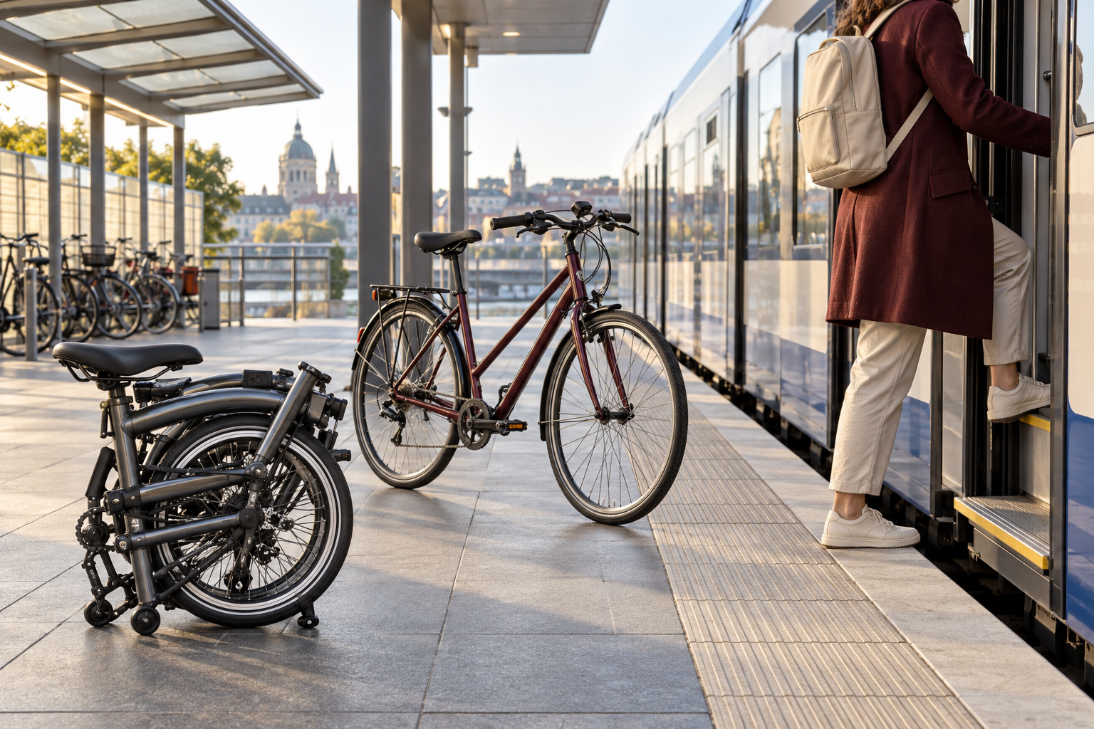 Editorial illustration of an unbranded folding bicycle beside a European train
