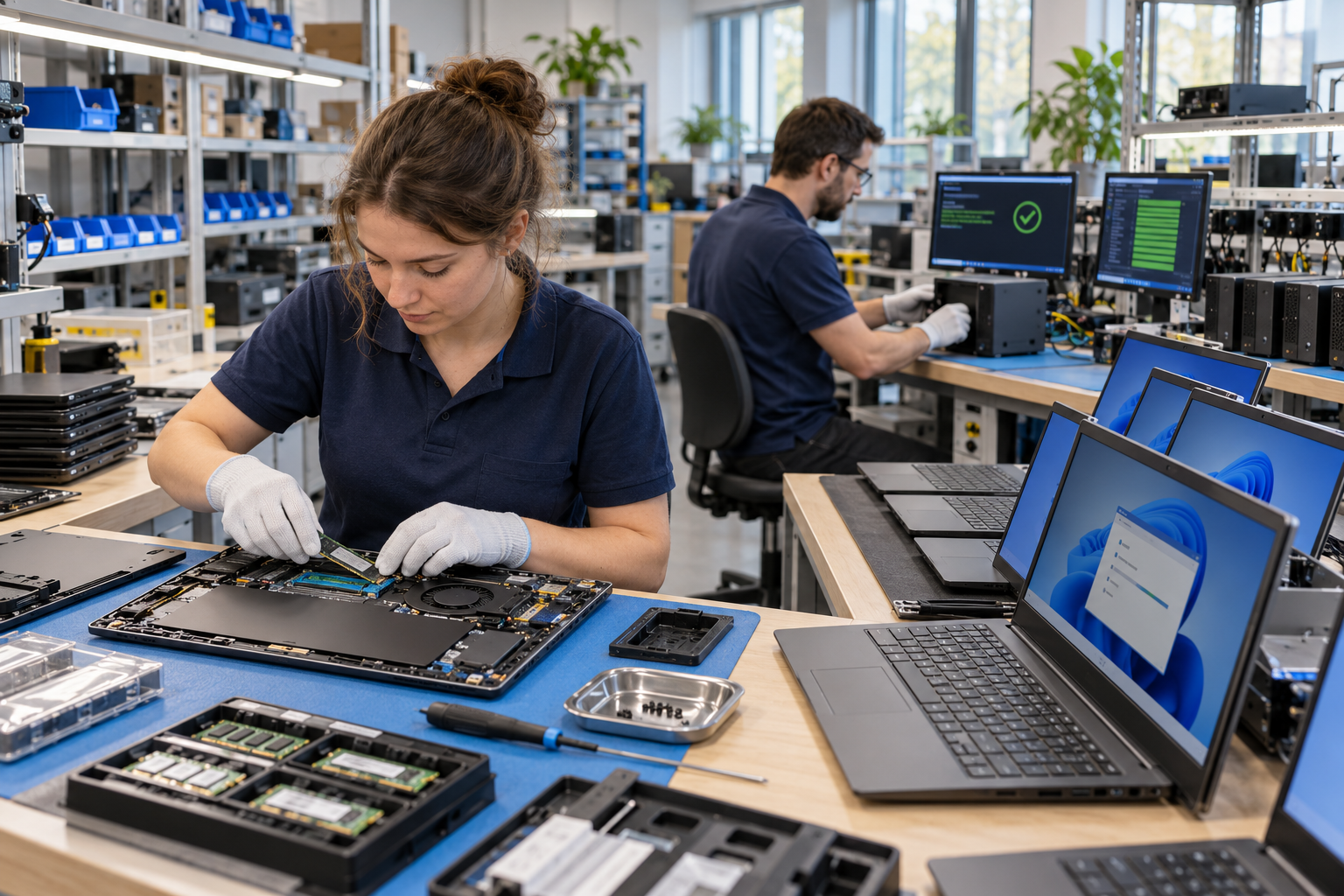 Editorial image of technicians assembling and testing unbranded laptops and compact computers