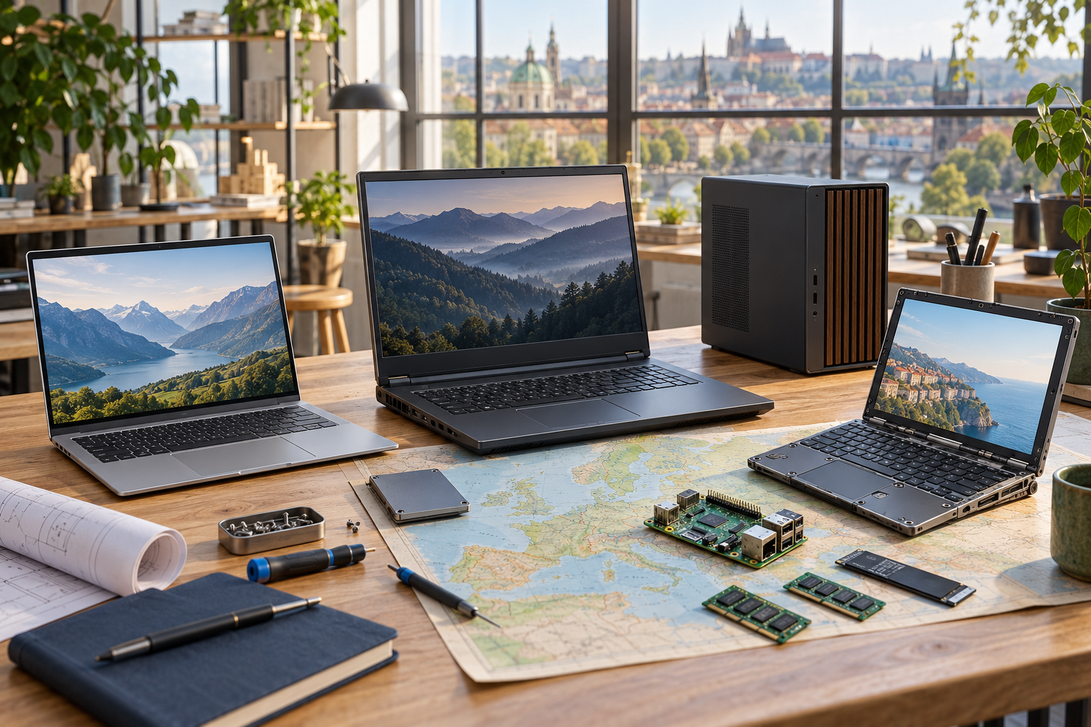 Editorial image of unbranded laptops, a compact desktop and a single-board computer in a European engineering studio