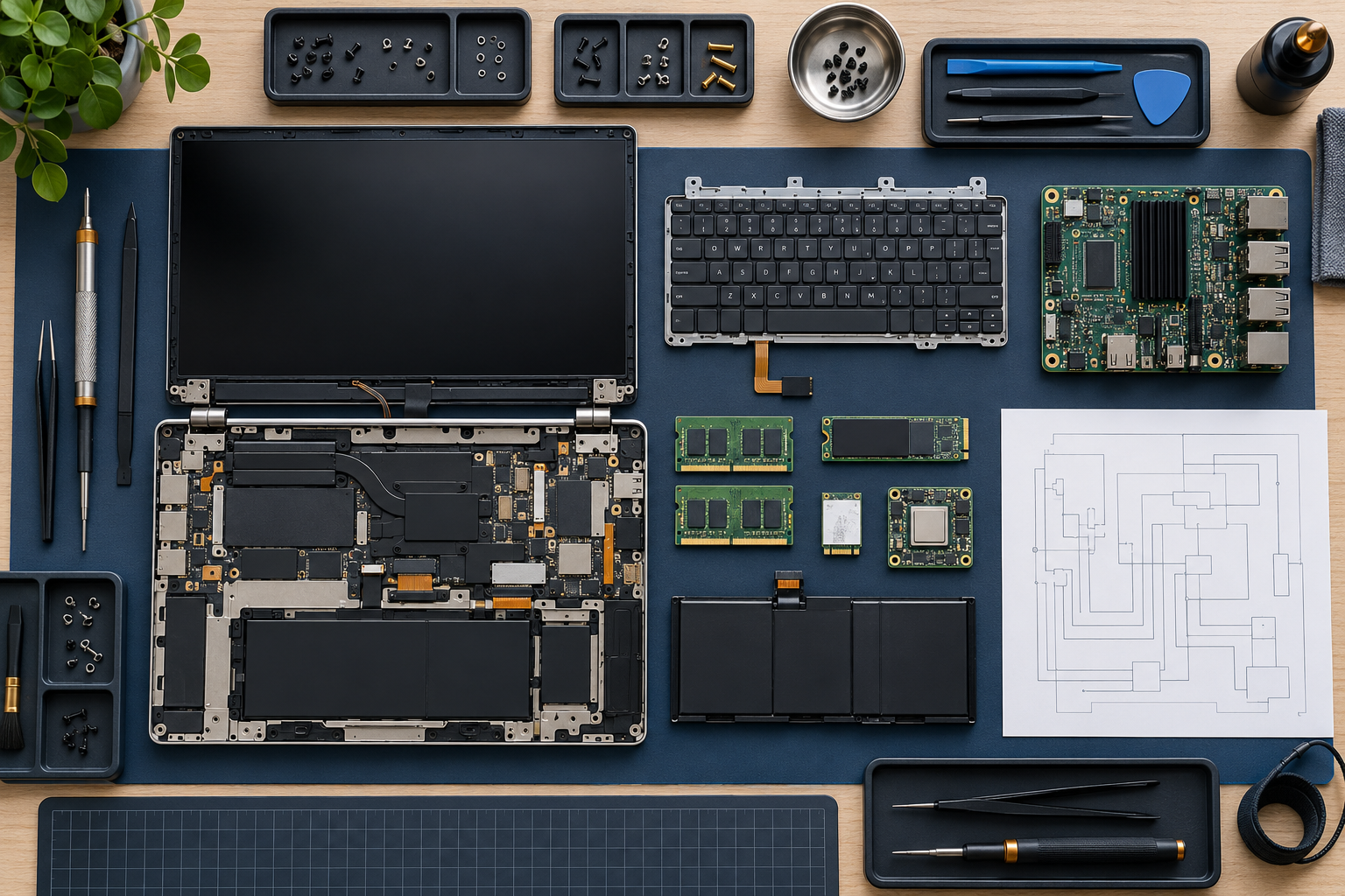 Top-down editorial image of a fictional modular laptop opened into replaceable parts on a repair bench