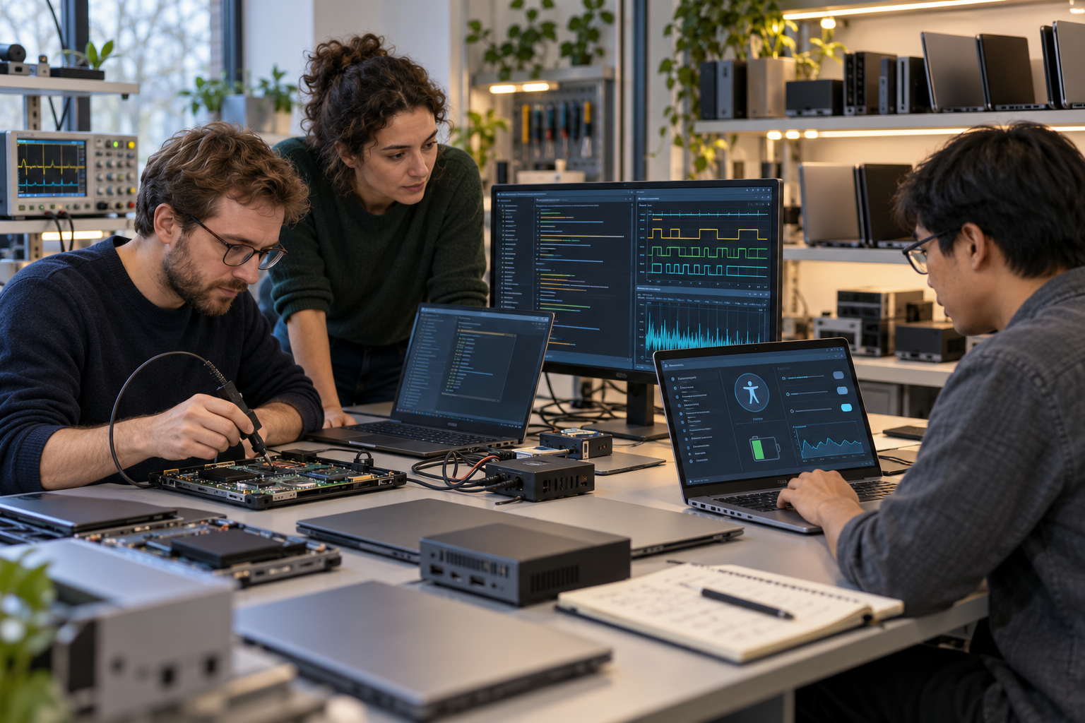 Editorial image of engineers testing Linux, firmware and accessibility on unbranded computers