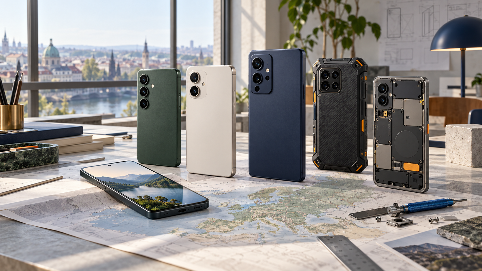 Editorial illustration of several unbranded smartphones on a European design studio table