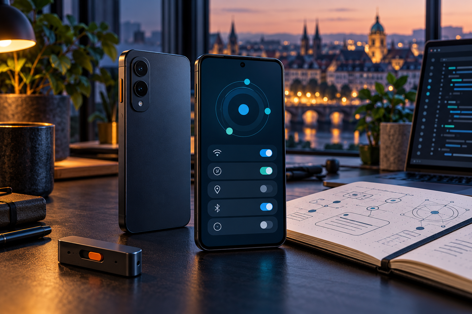 Editorial illustration of an unbranded privacy-oriented smartphone and alternative mobile software