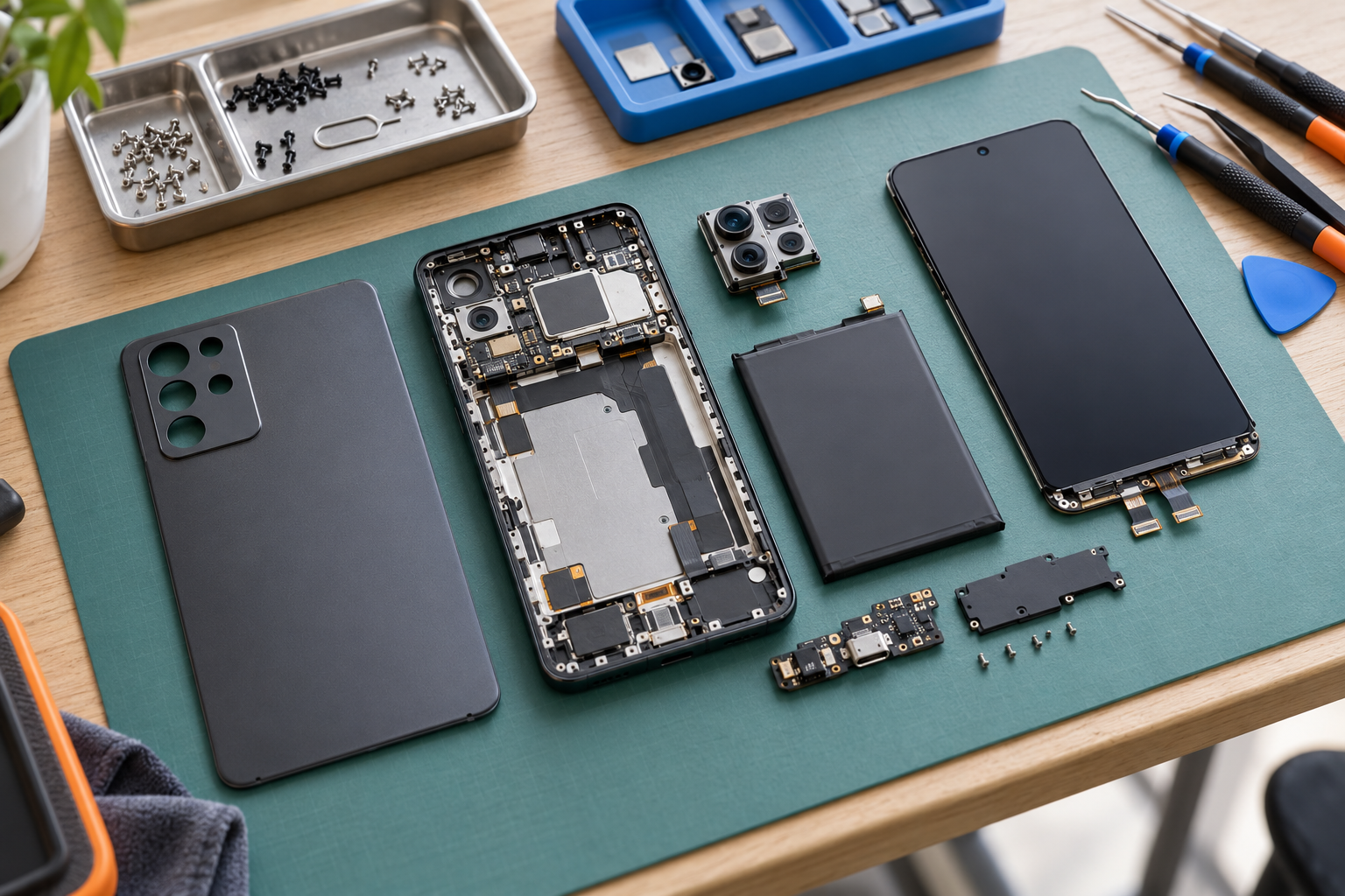 Editorial illustration of an unbranded modular smartphone opened for repair