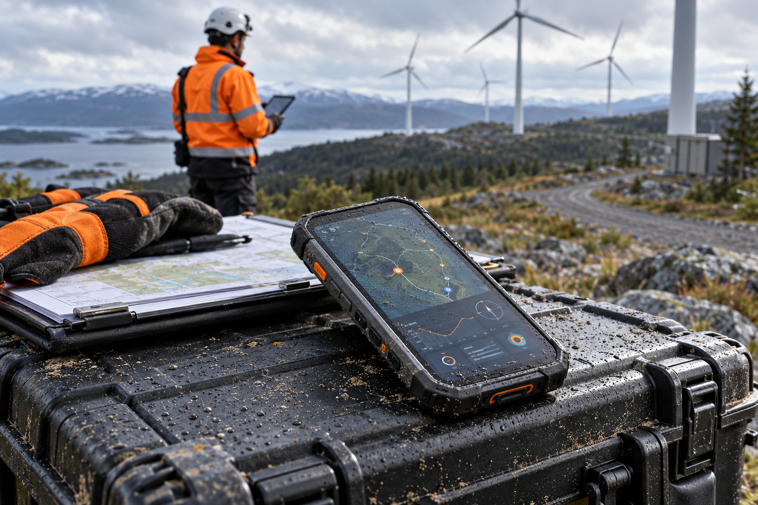 Editorial illustration of an unbranded rugged smartphone used during a European infrastructure inspection