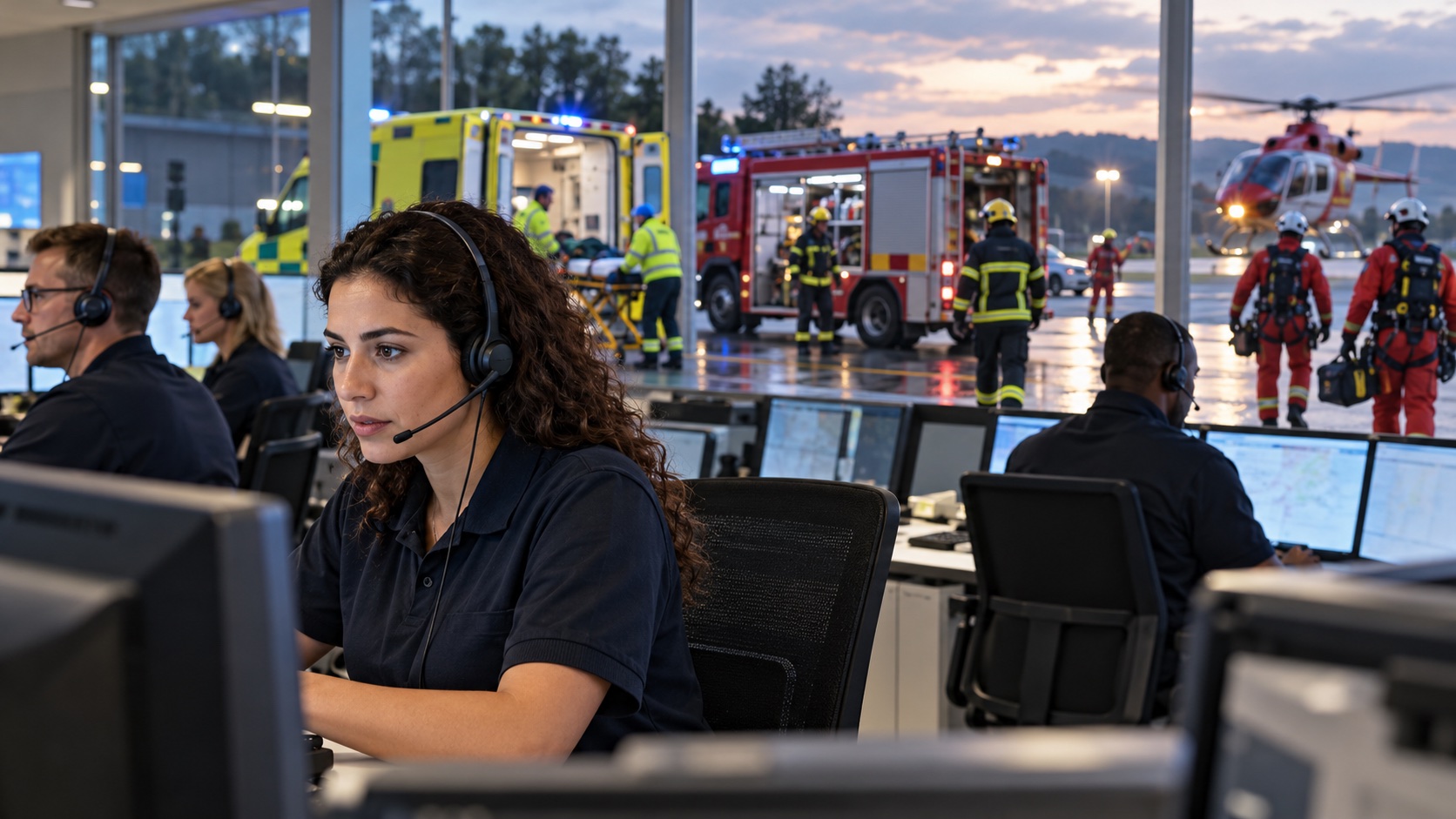 Emergency dispatcher coordinating ambulance, fire and rescue services