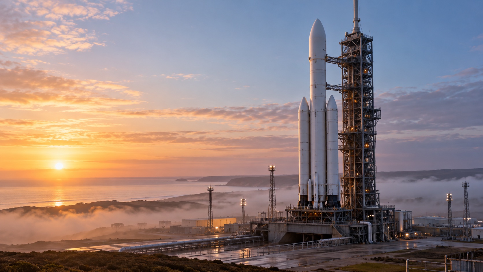 An unbranded European heavy-lift launch vehicle lifting off from a coastal spaceport