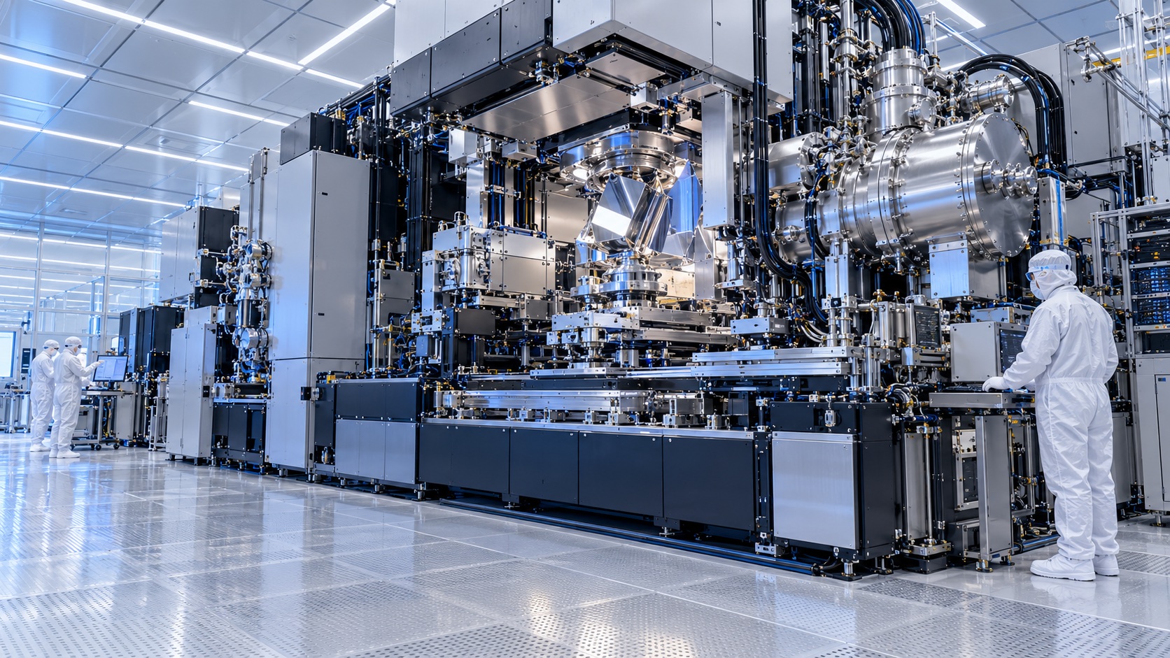 Engineers operating an advanced semiconductor lithography system in a cleanroom