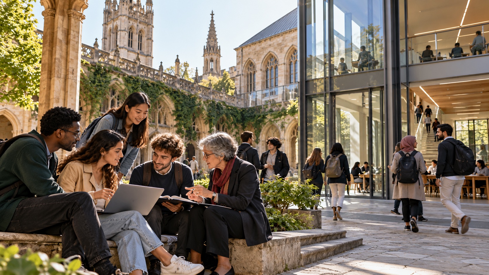 Students and academics collaborating between historic and contemporary European university buildings