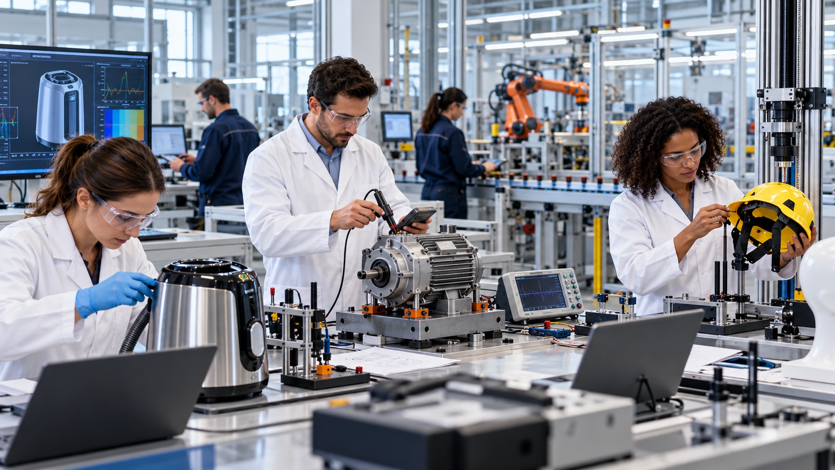 Engineers testing household, industrial and protective products in a European laboratory