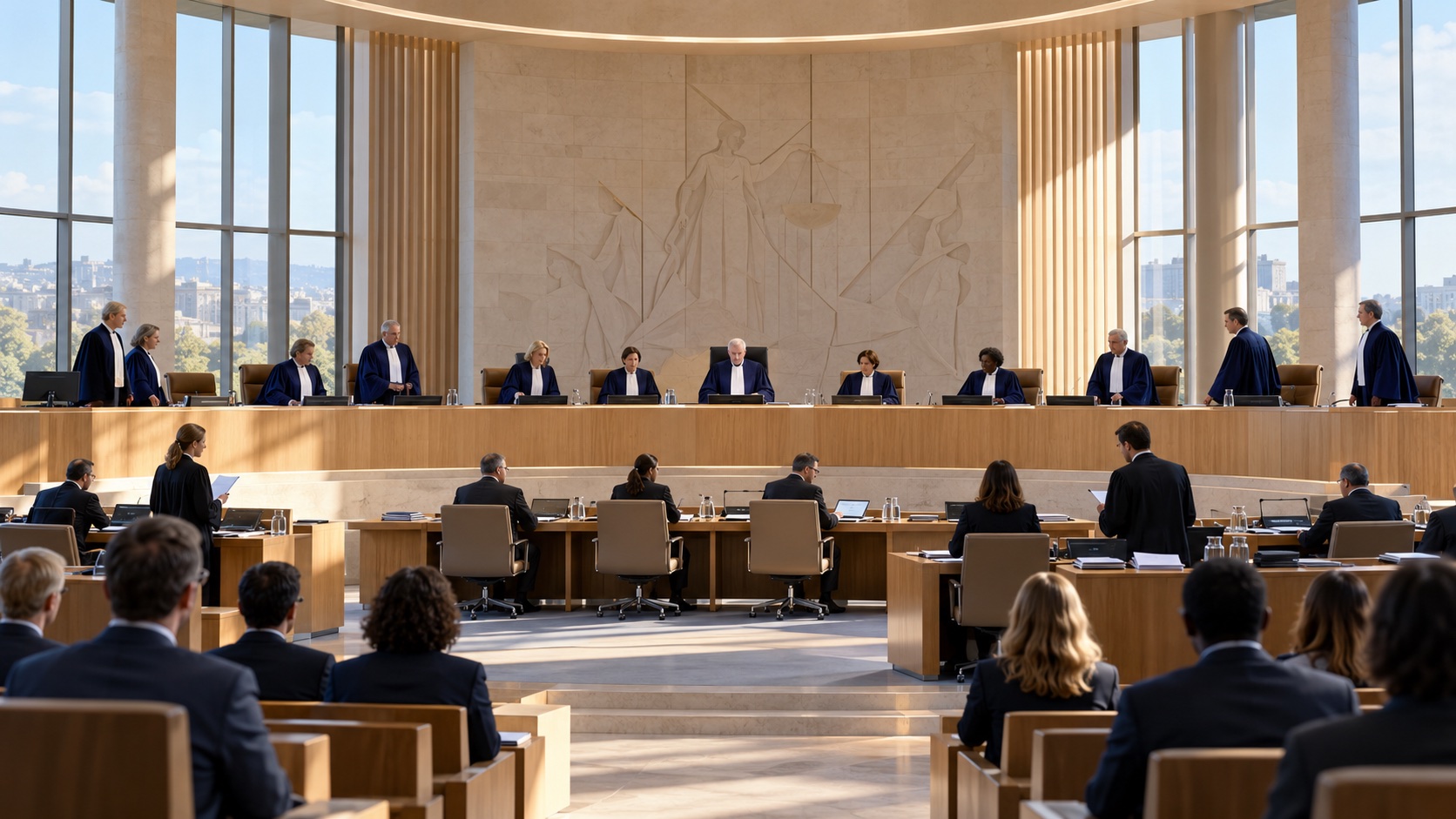 A diverse judicial panel hearing arguments in a contemporary European courtroom