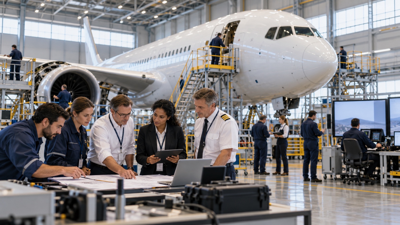 Aviation specialists inspecting an unbranded passenger aircraft