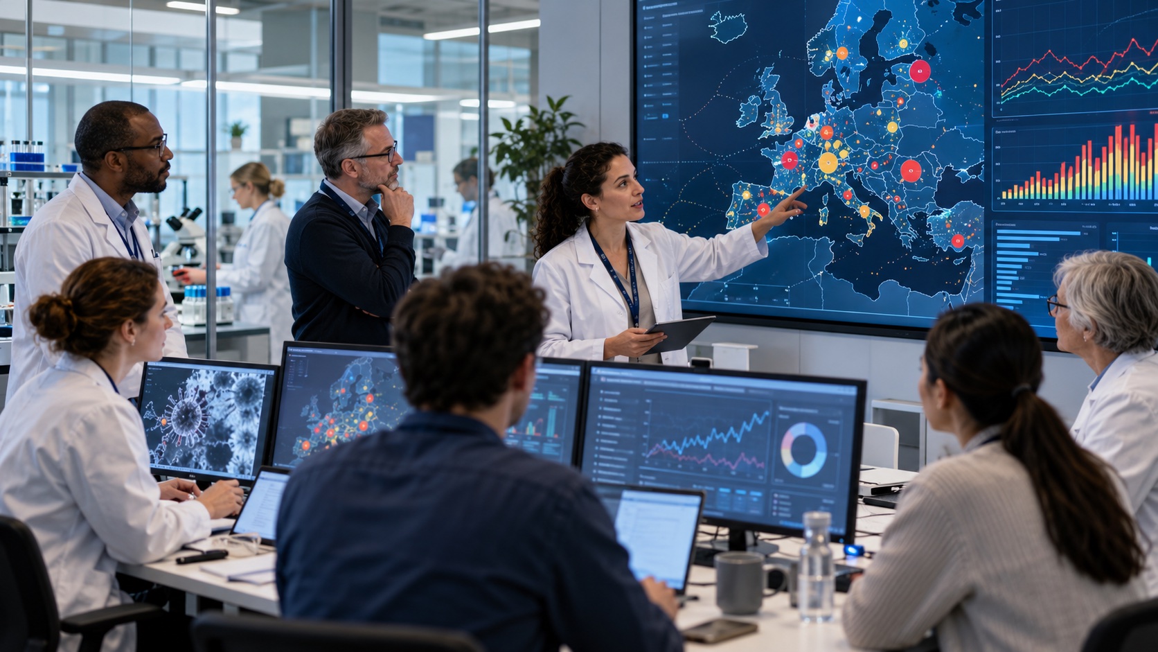 European epidemiologists and laboratory scientists analysing infectious-disease signals on a continental map