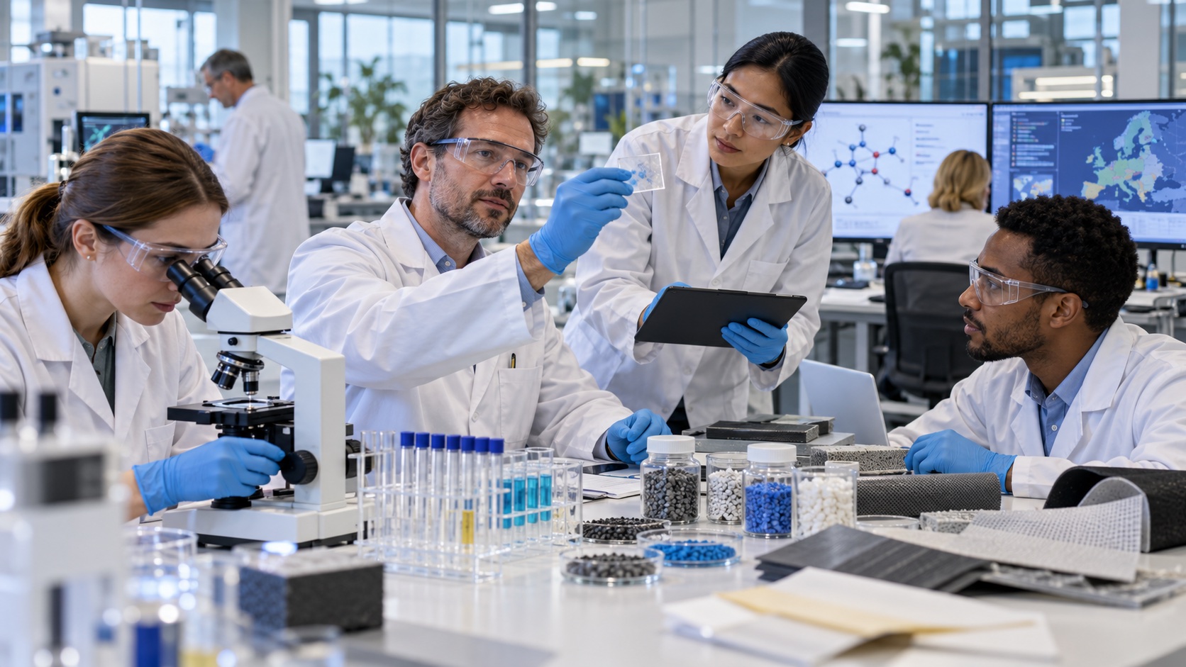 European chemists and safety specialists examining material samples and molecular evidence