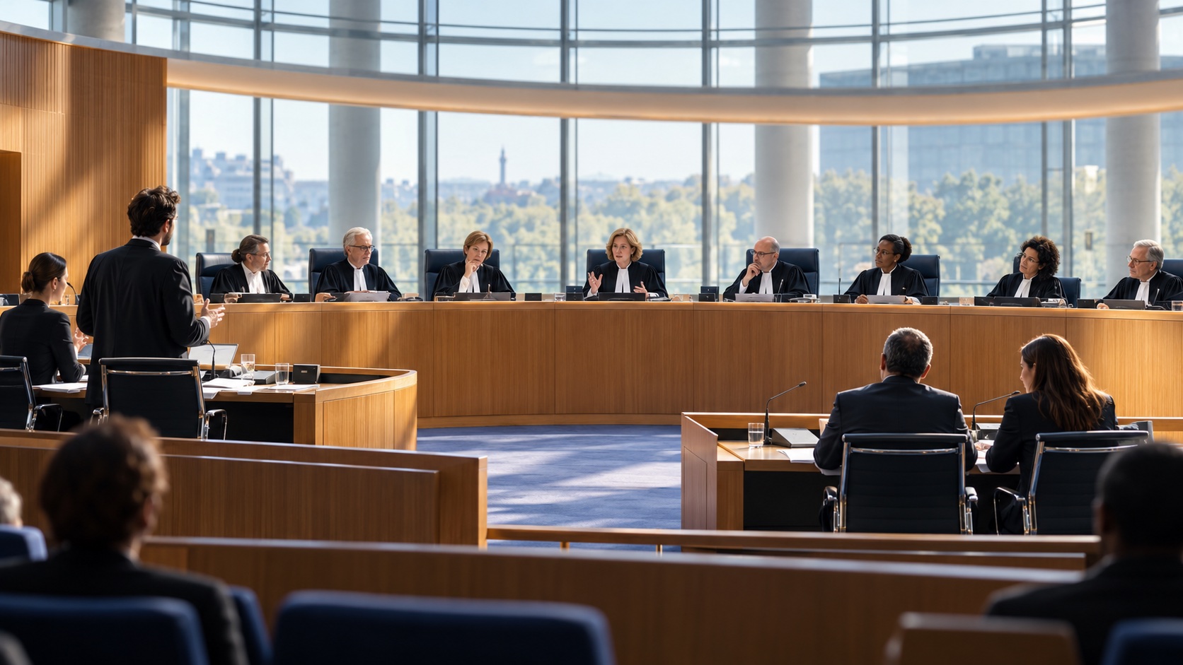 An individual applicant with counsel addressing a diverse international judicial panel
