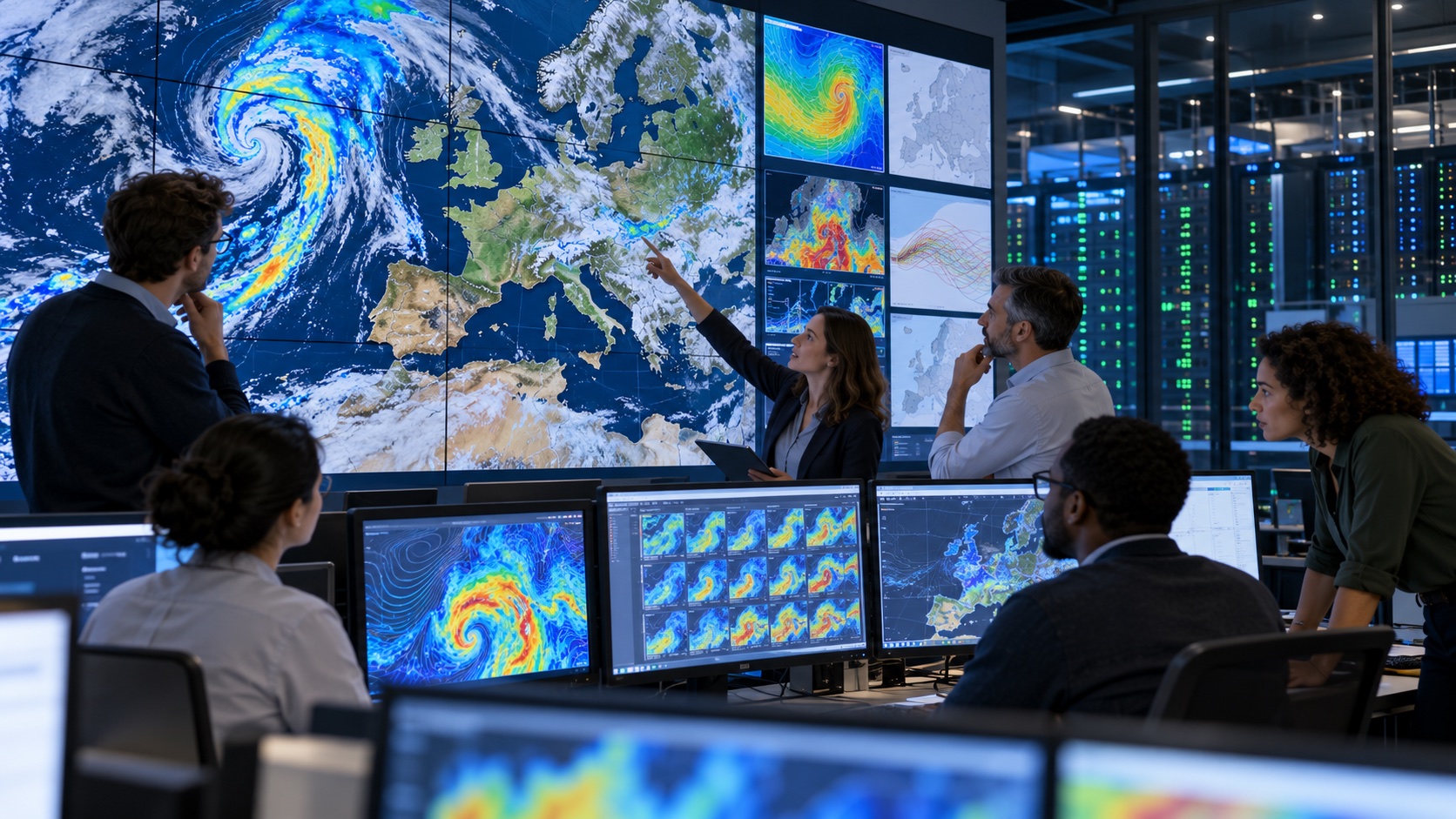 European meteorologists analysing model ensembles and a large map of weather systems over Europe