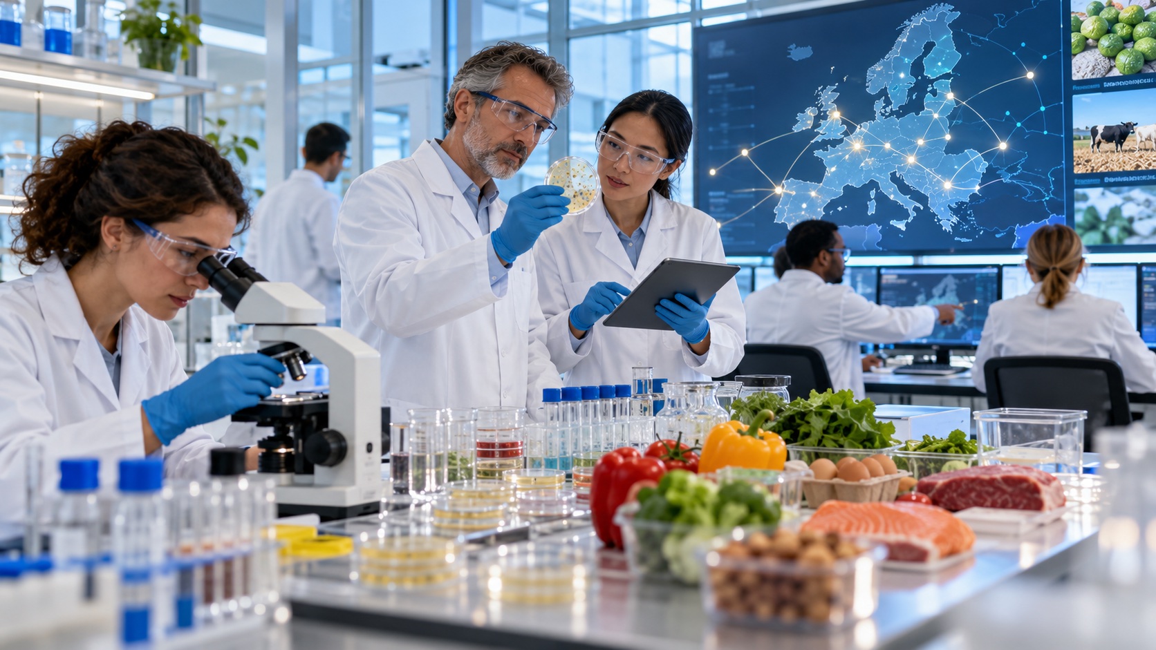 Food scientists testing samples while European safety specialists compare evidence across borders