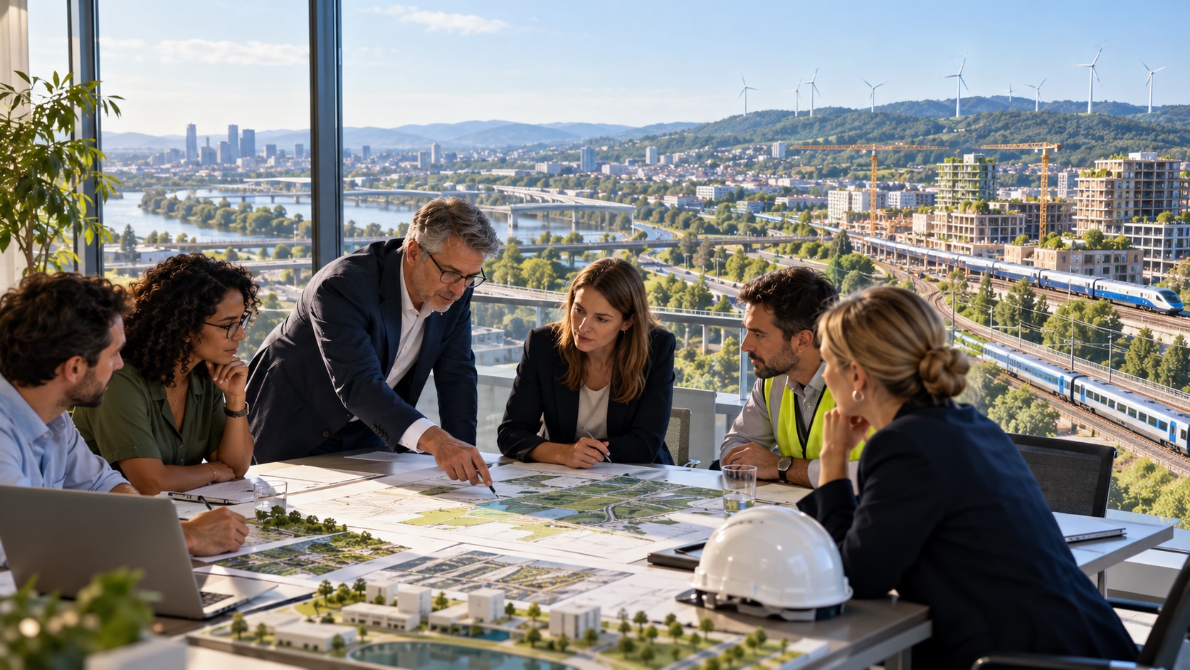 Public-finance specialists, engineers and local representatives planning European infrastructure
