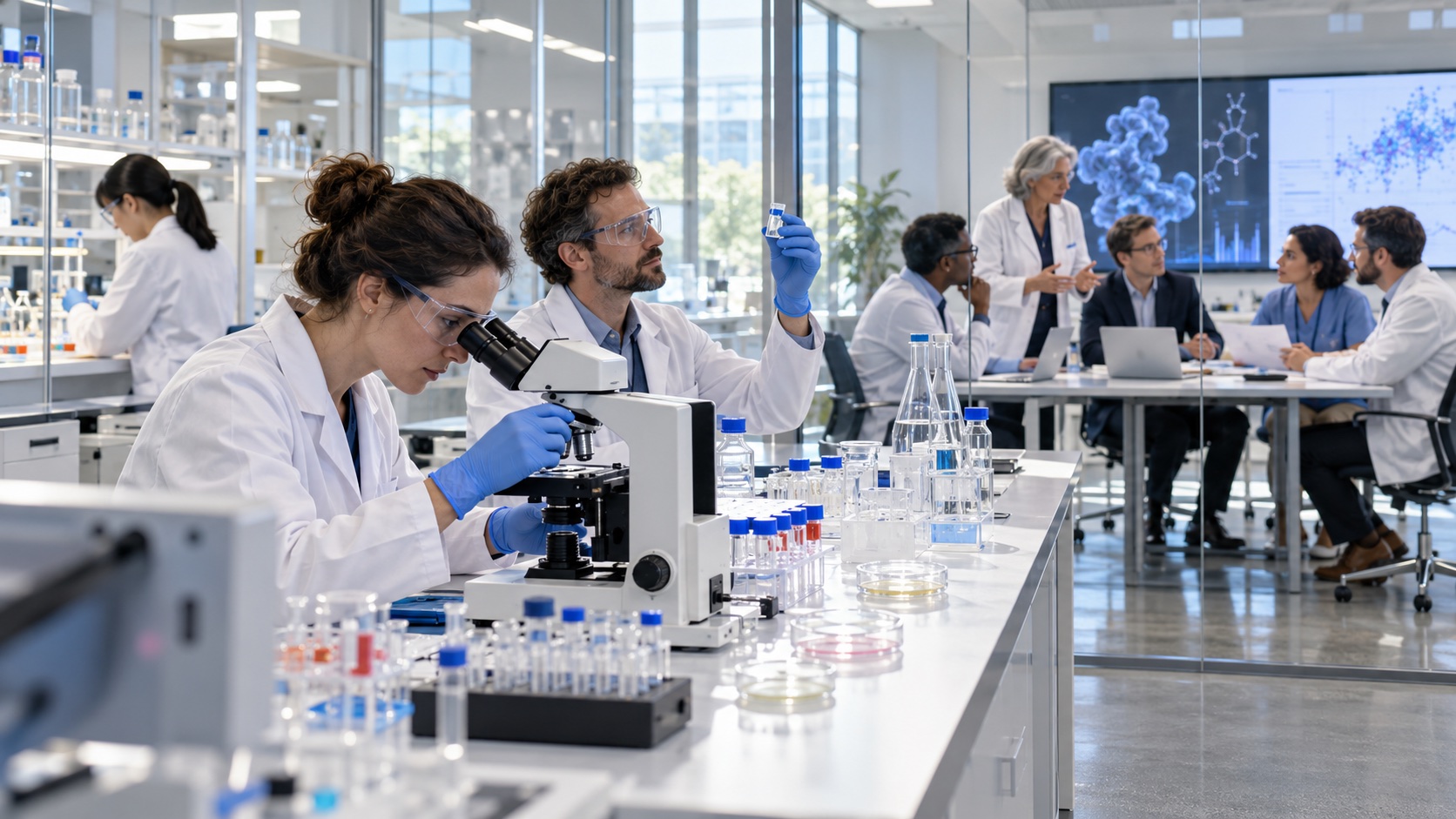 Scientists, clinicians and regulators reviewing medicine evidence in a laboratory