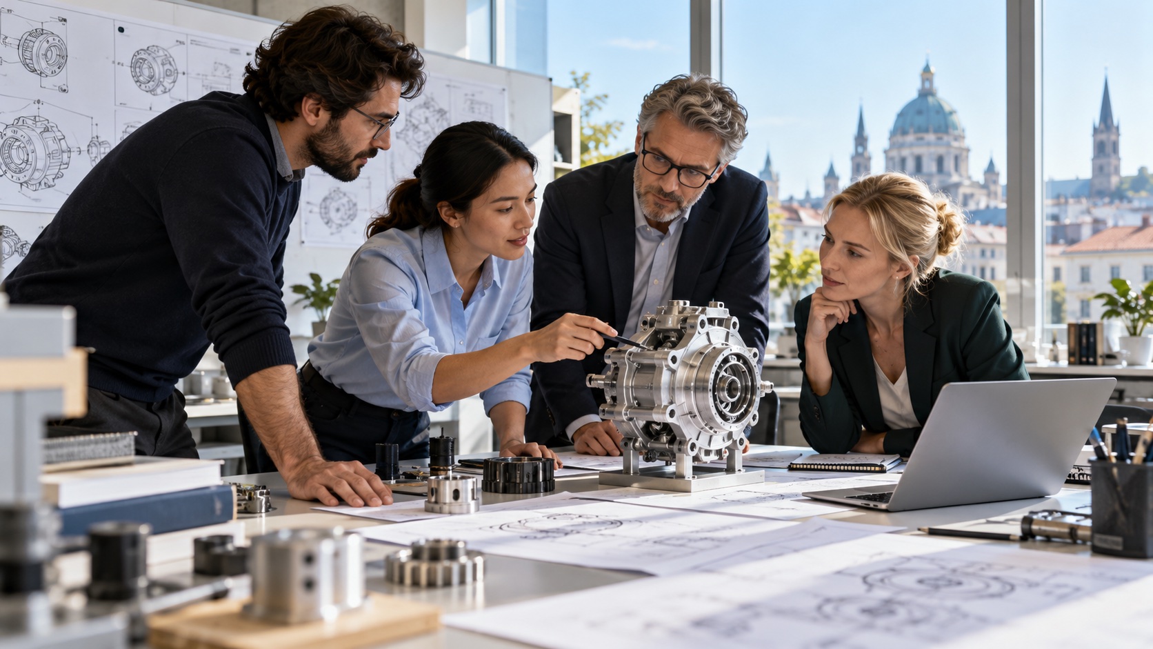 European inventors and patent specialists examining an engineering prototype