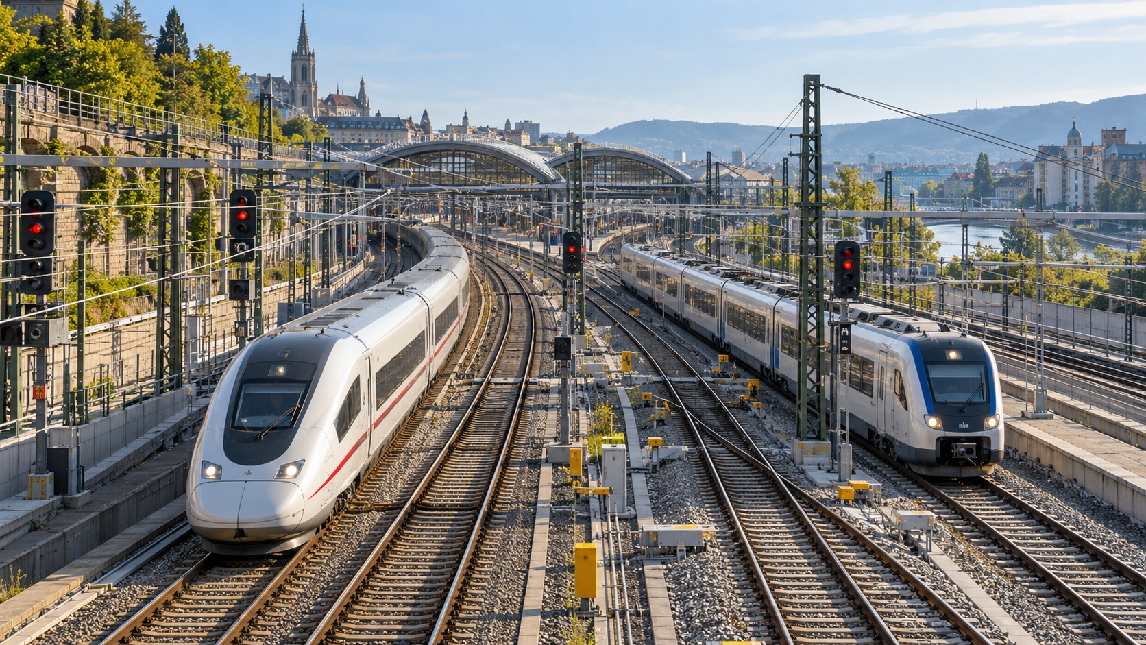 Modern passenger trains moving through a complex electrified European rail junction