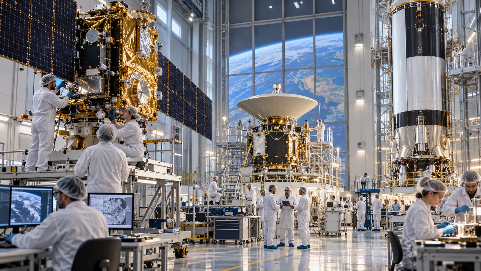 European engineers integrating satellites, a planetary probe and launch hardware in a large cleanroom