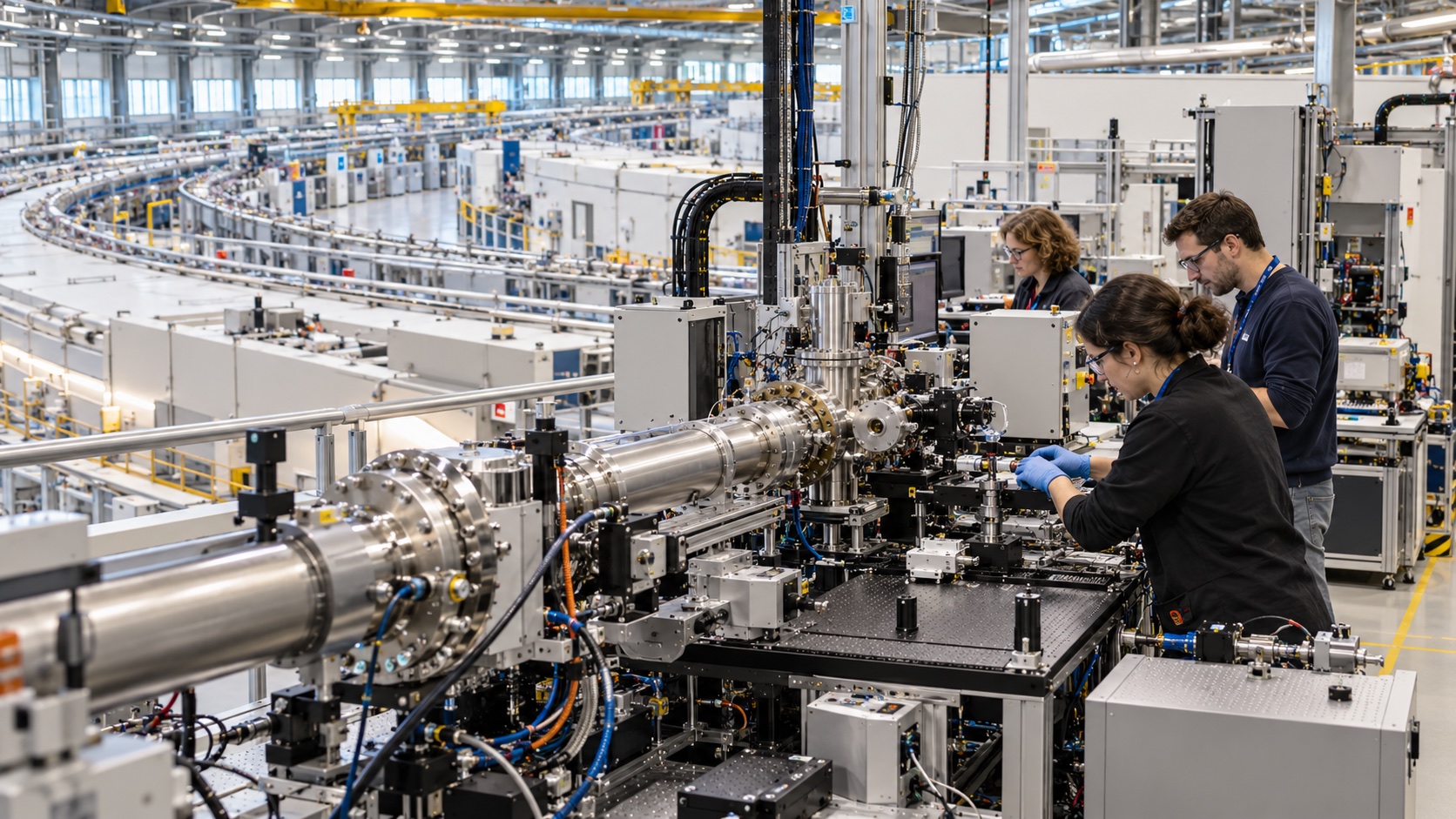 Researchers operating an X-ray beamline beside a large circular synchrotron