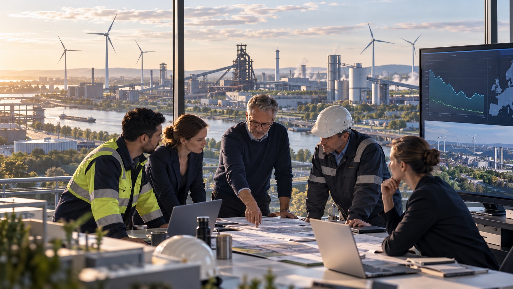 Industrial engineers and climate-policy specialists planning lower-emissions investment beside a European manufacturing region